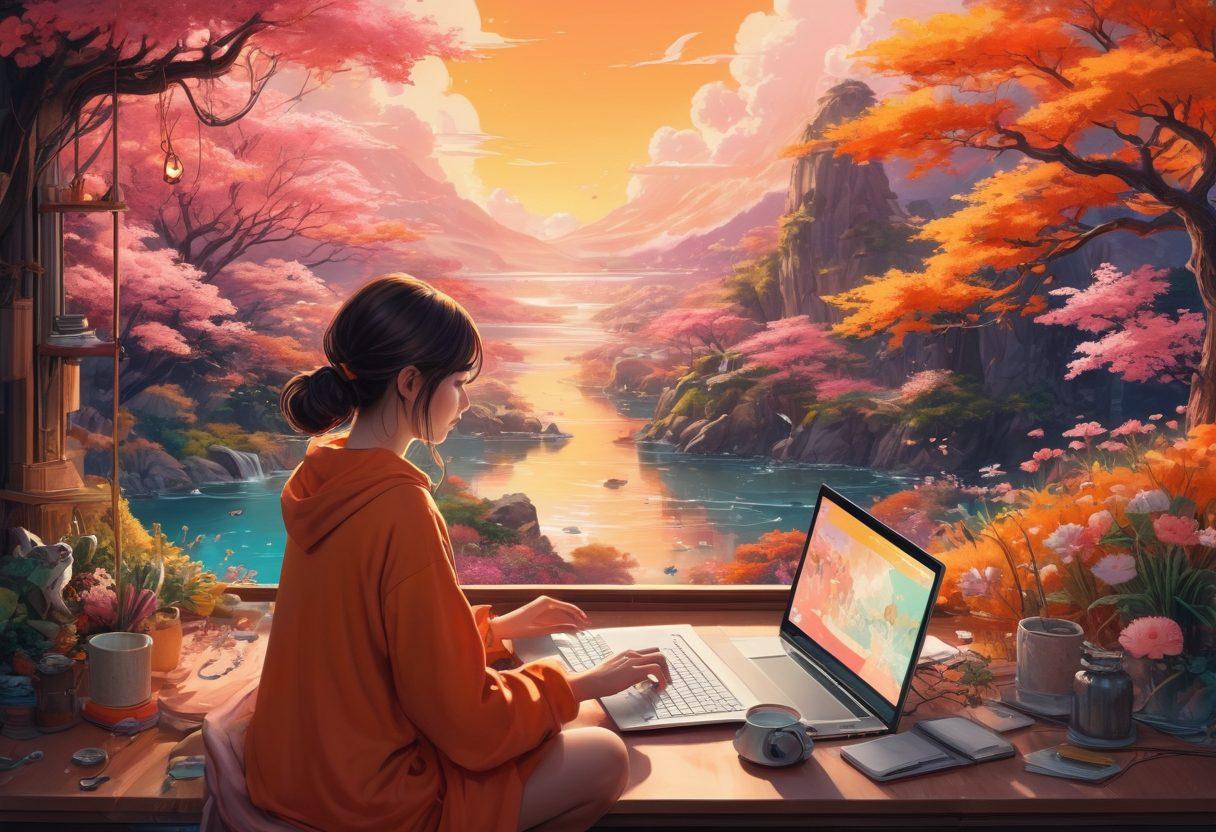 A whimsical digital landscape featuring a serene figure browsing on a laptop, surrounded by colorful, playful illustrations of fantasy and digital elements. Incorporate symbols of safety like locks and shields seamlessly blended into the scene, creating a protective ambiance. Soft lighting effects and a warm color palette to evoke a sense of comfort and tranquility. The background should include abstract representations of the internet and hentai themes while maintaining a light-hearted feel. vibrant colors. digital art. whimsical style.