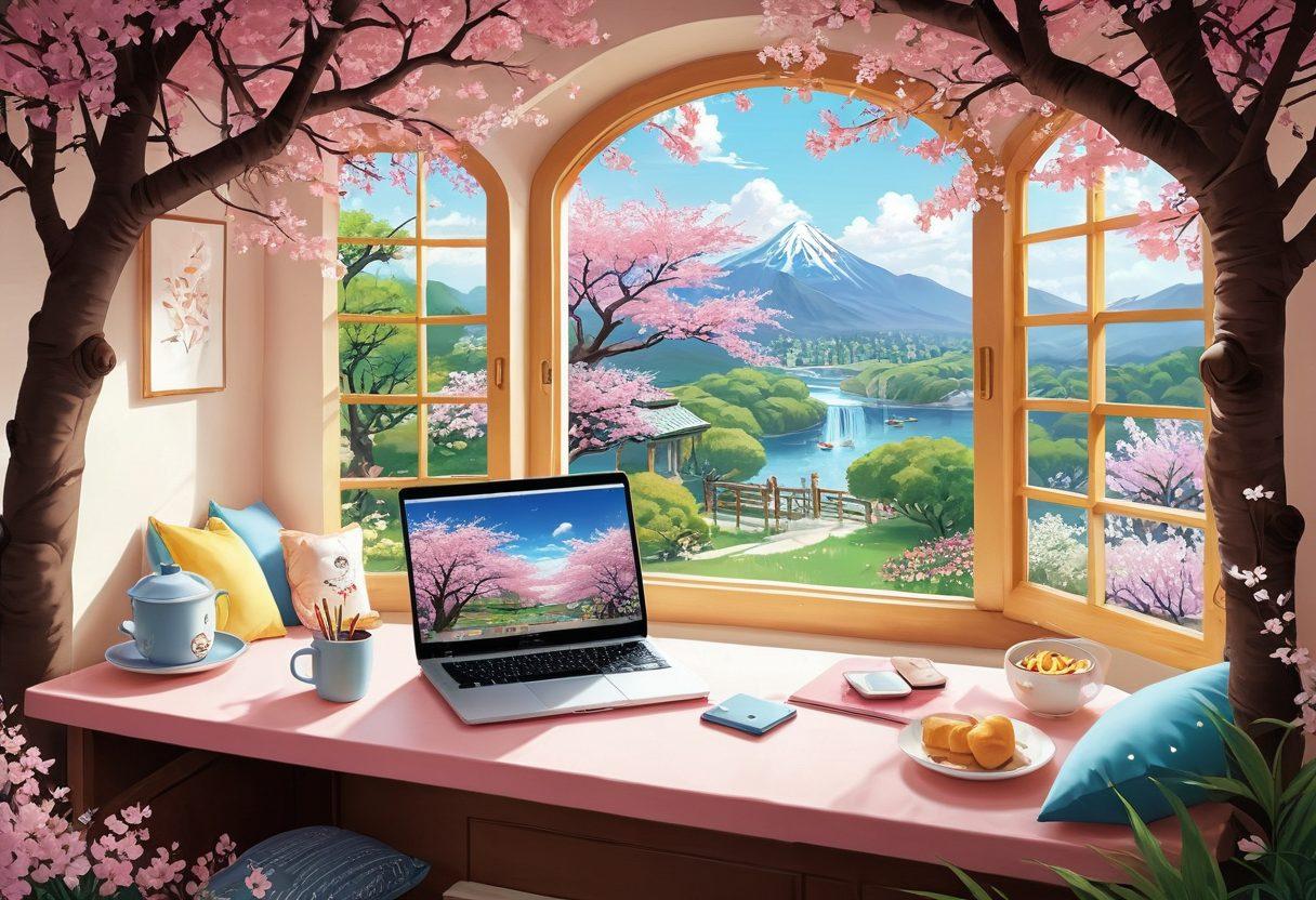 A whimsical and colorful illustration depicting a serene anime-inspired landscape filled with lush cherry blossoms, anime characters engaged in playful activities, and icons representing safe browsing, like shields and lock symbols. The foreground features a cozy setting with a laptop open, displaying a vibrant anime scene while surrounded by cushions and snacks. Soft pastel colors are used to create a lighthearted, inviting atmosphere. vector art. vibrant colors.