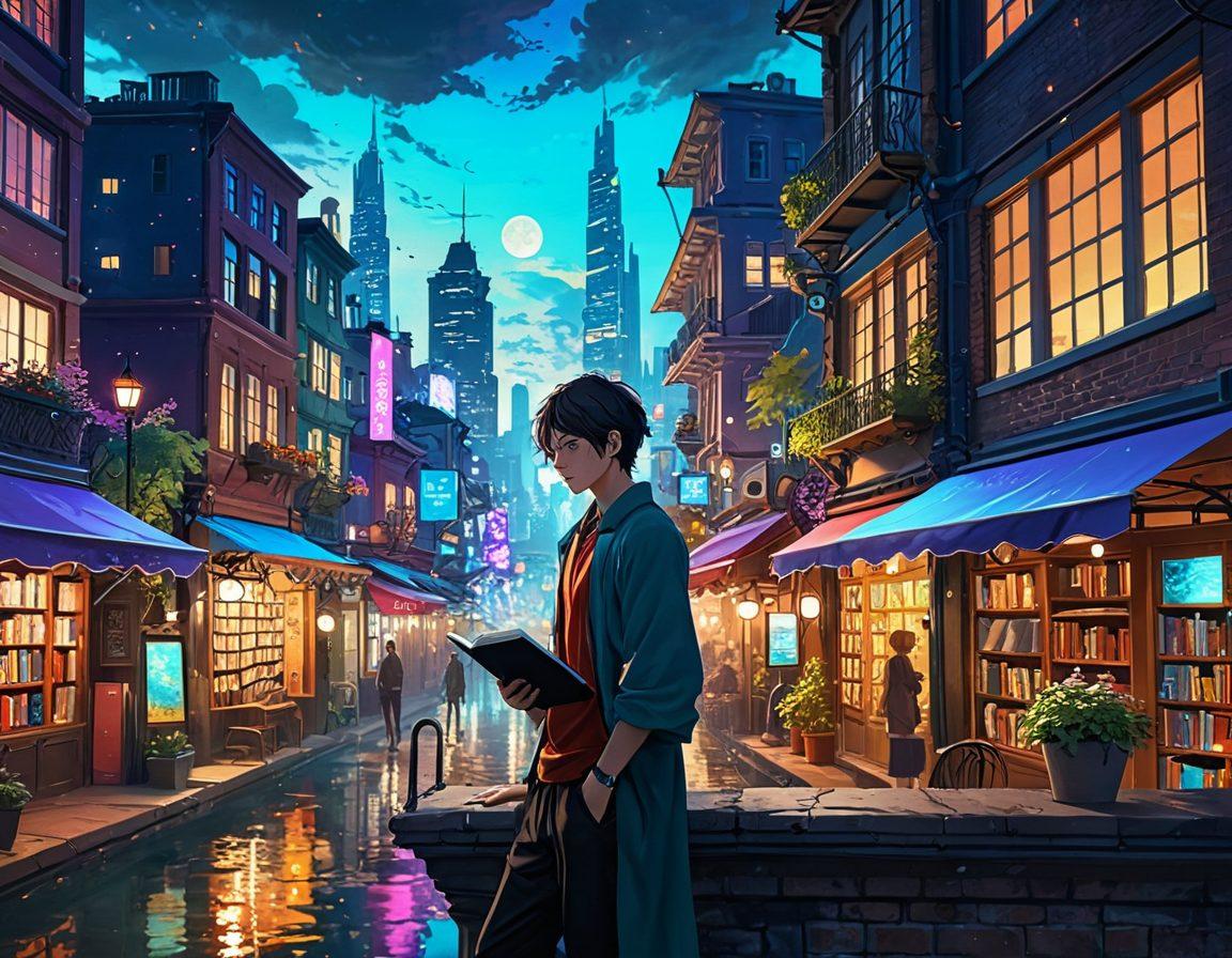 A visually striking scene depicting a mature anime character in a vibrant city setting, gracefully balancing a traditional art palette in one hand and a digital tablet in the other. Emphasize lush, colorful backgrounds showcasing a mix of urban life and playful fantasy elements, with a hint of introspection on the character's face. Layer in symbols of responsibility, like floating books or clocks, subtly intertwined. The overall atmosphere should blend allure with wisdom. super-realistic. vibrant colors. urban fantasy.